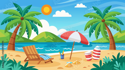 Vector art of tropical beach scene with palm trees, umbrella, and beach chair on a sunny day, perfect for summer vacation and relaxation