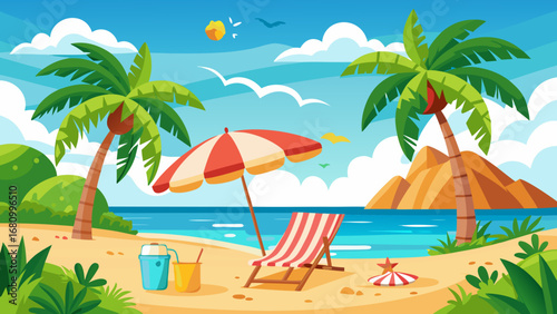 Vector art of tropical beach with palm tree, umbrella, and chair on a sunny day, perfect for summer vacation and relaxation in a paradise island
