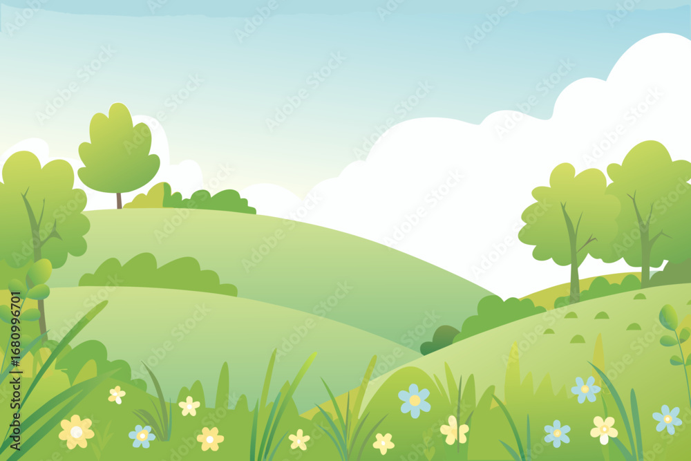 Fototapeta premium a serene landscape with rolling hills trees flowers and fluffy clouds