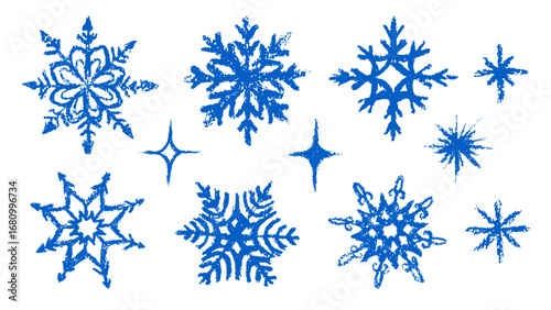 Christmas snowflake set with wax blue crayon or charcoal texture. Quirky chalkboard style, perfect for kindergarten Xmas crafts, cards and holiday designs. Vector illustration drawn as if by a child