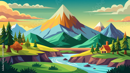 Vector art of vibrant mountain landscape with a winding river, lush forests, and a cozy cabin nestled in the valley, under a bright sky with fluffy clouds