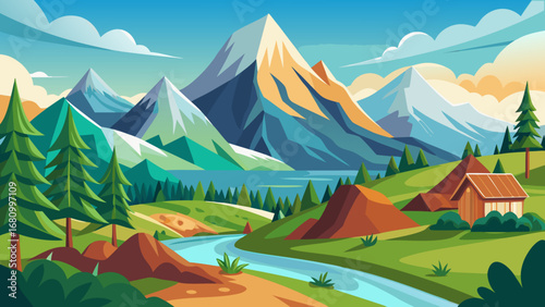 Vector art of serene mountain scenery featuring a flowing river, verdant meadows, and a charming cabin nestled in the valley, beneath a clear sky with soft clouds