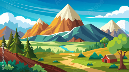 Vector art of picturesque mountain vista with a winding path, lush meadows, and a quaint cabin nestled in the valley, under a bright sky with wispy clouds