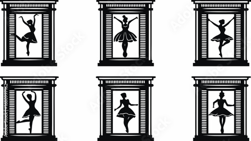 Elegant ballerina silhouette poses in decorative frames, perfect for dance studio decor or creative projects