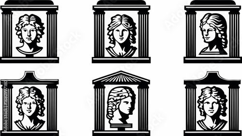 Stunning classical bust icons with doric order columns for architecture and arts projects