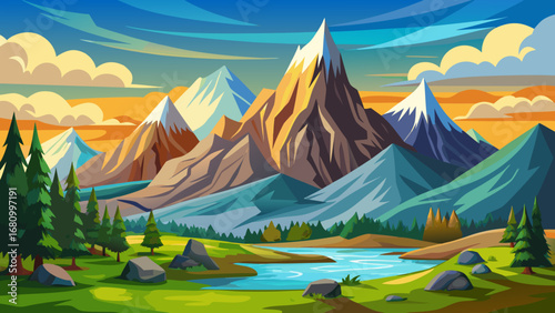 Vector art of majestic mountain landscape with snowcapped peaks, lush green valleys, and a tranquil lake under a vibrant sky, a picturesque nature scene