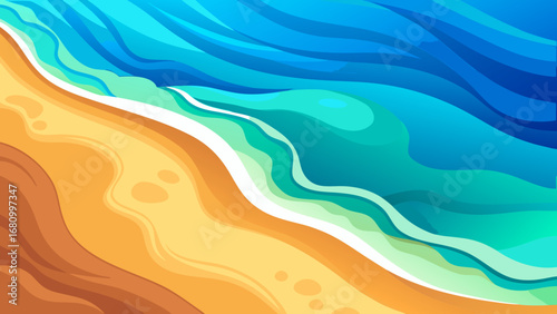 Vector art of a captivating aerial view of a serene beach, where the turquoise sea meets the golden sand, creating a picturesque coastal landscape