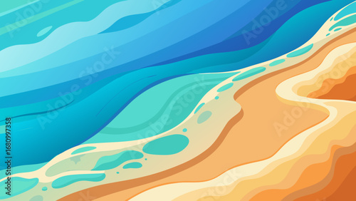 Vector art of an inviting aerial view of a tropical beach, where the azure sea gently kisses the golden sand, creating a serene and picturesque coastal scene
