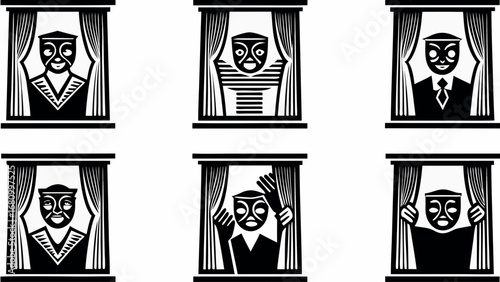 Vibrant expressions behind stage curtains, a theatrical illustration with bold graphic design element