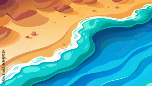 Vector art of aerial perspective of a rocky beach with turquoise water and golden sand creating a picturesque and tranquil coastal landscape on a sunny day