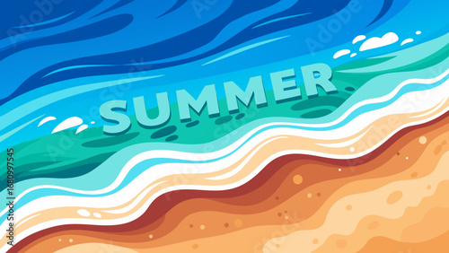 Vector art of summer beach scene with turquoise water and golden sand, perfect for vacation and travel, creating a serene and idyllic landscape with the word summer