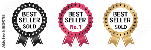 Number 1 Best Seller Badge Vector,  Circle Label with Ribbon, Flat Gradient Icon for Logo, Sign, Seal, Stamp, Symbol, or Sticker Design