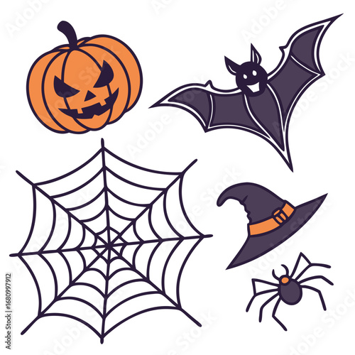 Vector art of halloween icons featuring pumpkin, bat, spiderweb, witch hat, and spider for spooky autumn holiday decorations