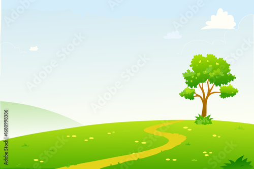 a serene landscape with a lone tree on a grassy hill