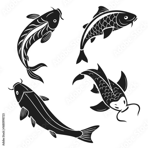Vector art of four koi fish swimming in different directions, a symbol of good luck and prosperity