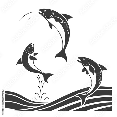 Vector art of three salmon fish jumping out of the water, a dynamic and eyecatching illustration, perfect for nature and wildlife themes