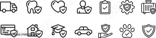 Black line icons of insurance concepts including delivery dental heart person document gear luggage credit card house graduation car paw