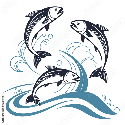 Vector art of three salmon fishes jumping out of the water waves, a simple vector illustration, perfect for logo or graphic design