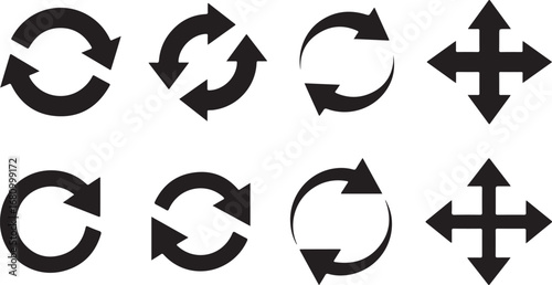Black arrow icons showing various directions and circular movements on a white background