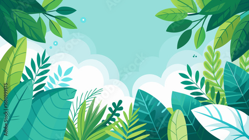Vector art of beautiful tropical leaf frame background with green color and bright sky