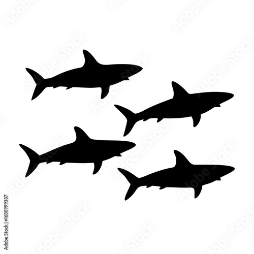 Vector art of a group of shark silhouettes swimming, , showcasing their streamlined bodies and powerful fins in a minimalist design