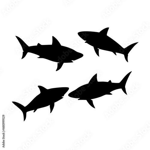 Vector art of four shark silhouettes swimming together, a group of marine predators in the ocean, a dangerous and wild animal in the sea