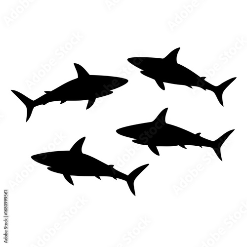 Vector art of a group of sharks swimming together, a silhouette, showcasing the beauty and danger of these marine predators in their natural habitat