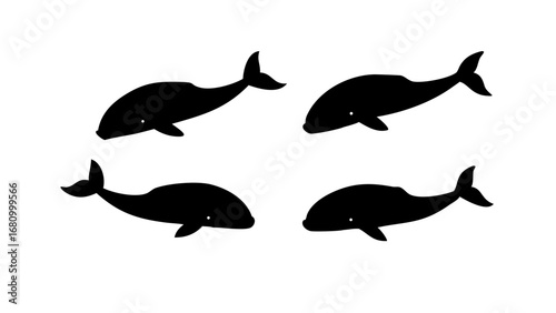 Vector art of a group of four whale silhouettes swimming together, , creating a simple and elegant design for marine life and conservation awareness