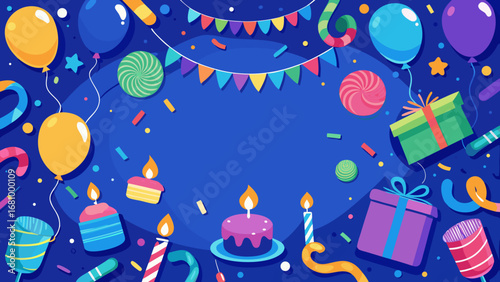 Vector art of festive birthday party background with balloons, gifts, cake and confetti design