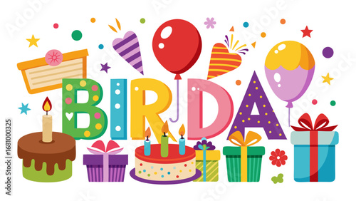 Vector art of colorful birthday celebration with cake, gift, and balloon decoration