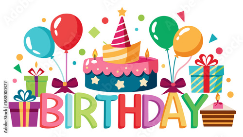 Vector art of colorful birthday party elements with cake, gifts, balloons
