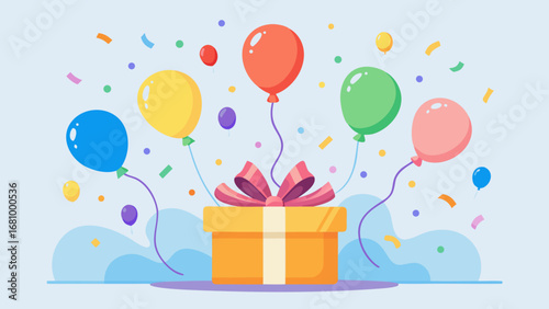 Vector art of gift box with balloons and confetti for birthday