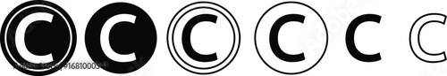 Copyright icon set collection group in black flat and line style, legal protection logo pack, trademark symbol bundle, intellectual property outline glyph assortment, creative rights design elements