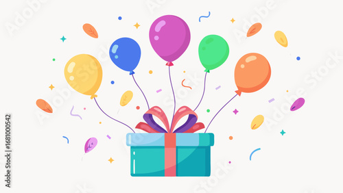 Vector art of a birthday gift box with colorful balloons