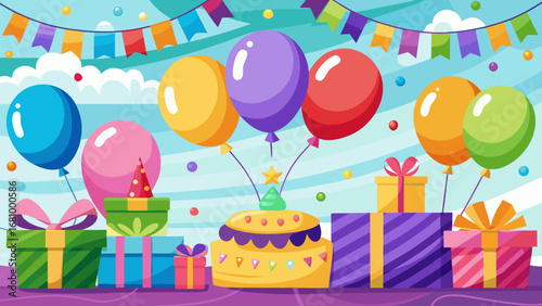Illustration of a birthday party with cake, gifts and balloons in daylight