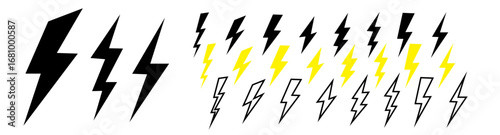 Lightning bolt icon. Flash symbol, thunderbolt, blitz lightnings strike sign. Electric energy black silhouettes, power concept. Vector isolated dynamic sports logo set