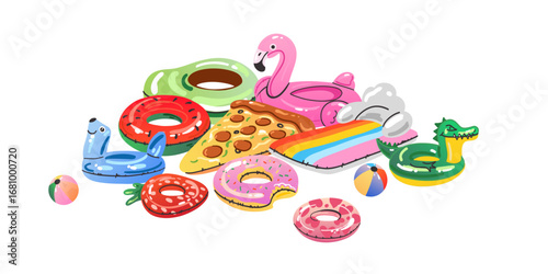 Cartoon inflatable toys. Colorful swimming rings and mattress, rubber water summer pool funny swimming accessories, flamingo, pizza and ball, watermelon and donut, vector flat isolated gradient set