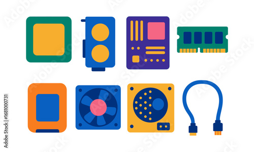 Colorful flat design computer components set for tech projects