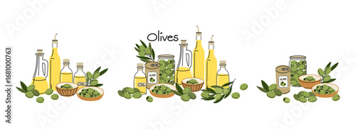 Olive products composition. Oil and canned berries in can, glass bottle on plate, branches with leaves, premium quality, extra virgin, healthy cooking vector cartoon flat style isolated illustration