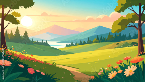 Scenic tranquil nature landscape illustration. Beautiful mountain view with lush meadows. Colorful flower field with peaceful mountains. Vibrant nature scenery with rolling hills. Sunny landscape