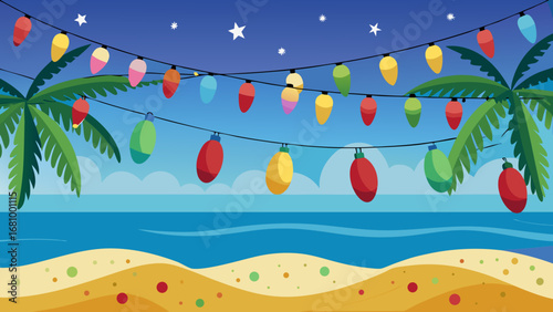 Vector art of tropical beach with christmas lights hanging on palm trees at night
