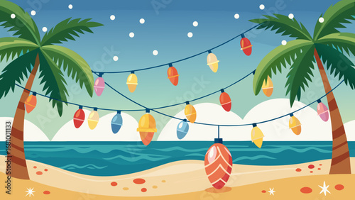 Vector art of tropical beach with christmas lights hanging on palm trees during the day