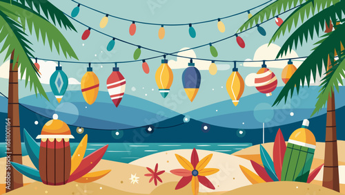 Vector art of tropical beach with christmas lights hanging on palm trees and decorations