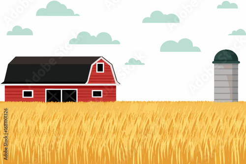 a quaint red barn stands beside a tall silo under blue sky