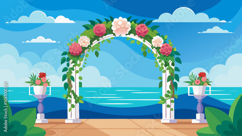 Vector art of elegant wedding arch with floral decorations on a beach with ocean background