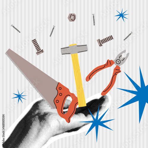 Building repair hand halftone collage. Hammer and saw instrument in arms, renovation industry maintenance equipment, different carpenter tools. House construction, craftsman Vector cartoon concept