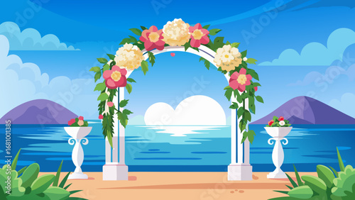 Vector art of beautiful wedding arch with flowers on beach with ocean and mountain view