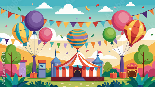 Vector art of colorful carnival fair with balloons, tents, and flags in a festive landscape