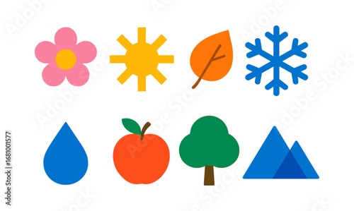 Colorful minimalist icons of nature and seasons for design projects