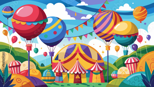 Vector art of vibrant carnival landscape with circus tent, balloons, and festive decorations